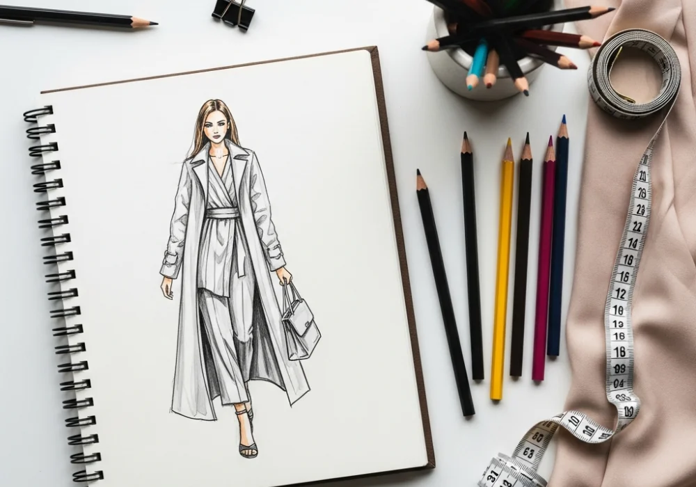 A professional design workspace with fashion sketches, pencils, and fabric representing NIFT entrance exam preparation.
