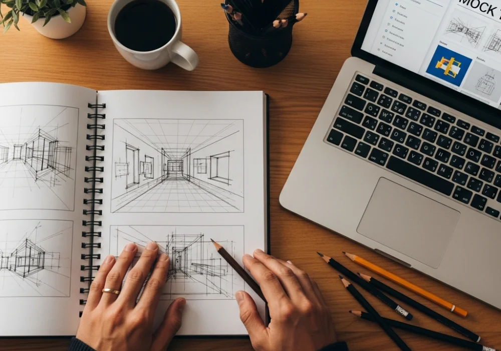 Professional designer's workspace with sketches and pencils for NID DAT preparation.