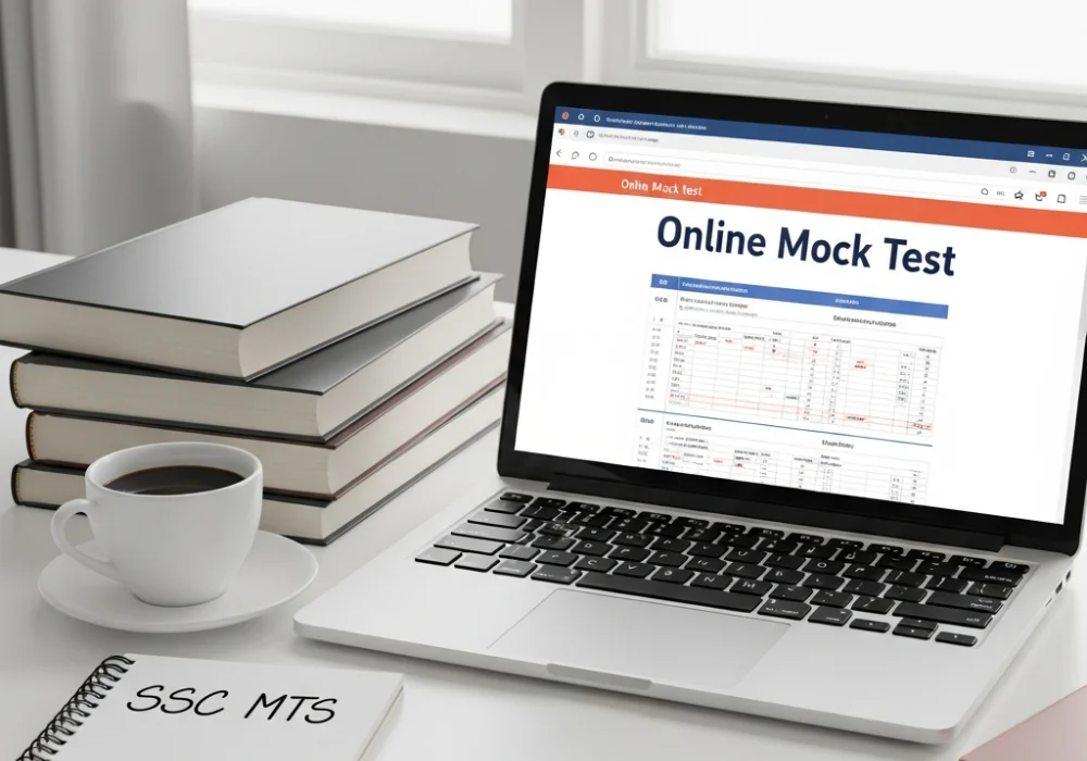 A student preparing for SSC MTS using latest mock tests on a laptop with study materials nearby.