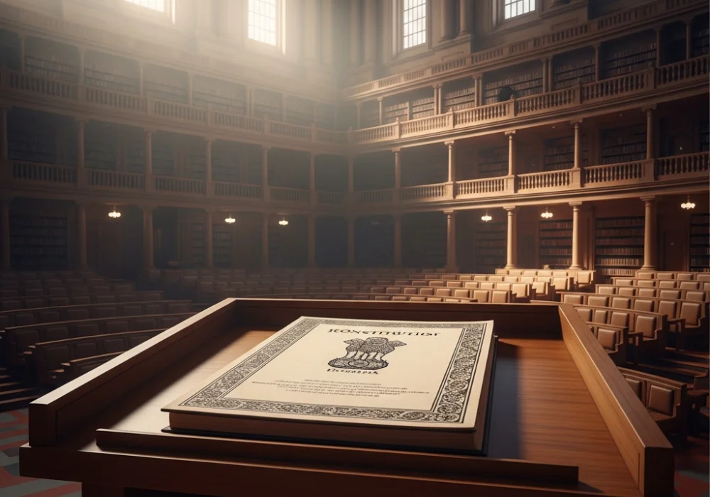 The Constitution of India in the Parliament Library representing Fundamental Rights for UPSC preparation.