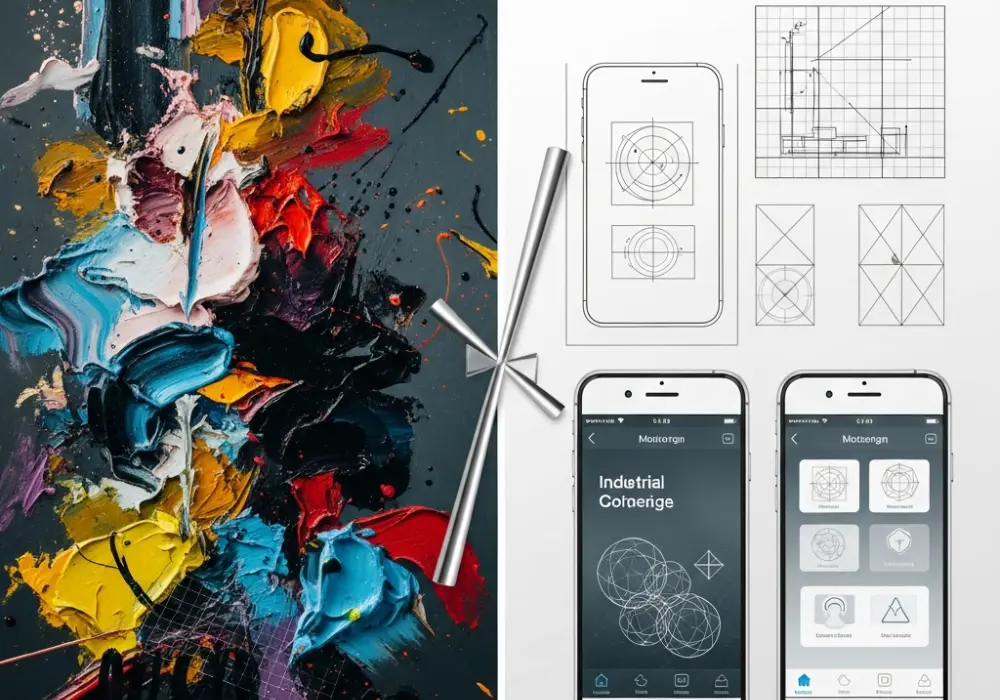 A visual representation of the difference between Art (abstract and expressive) and Design (structured and functional).