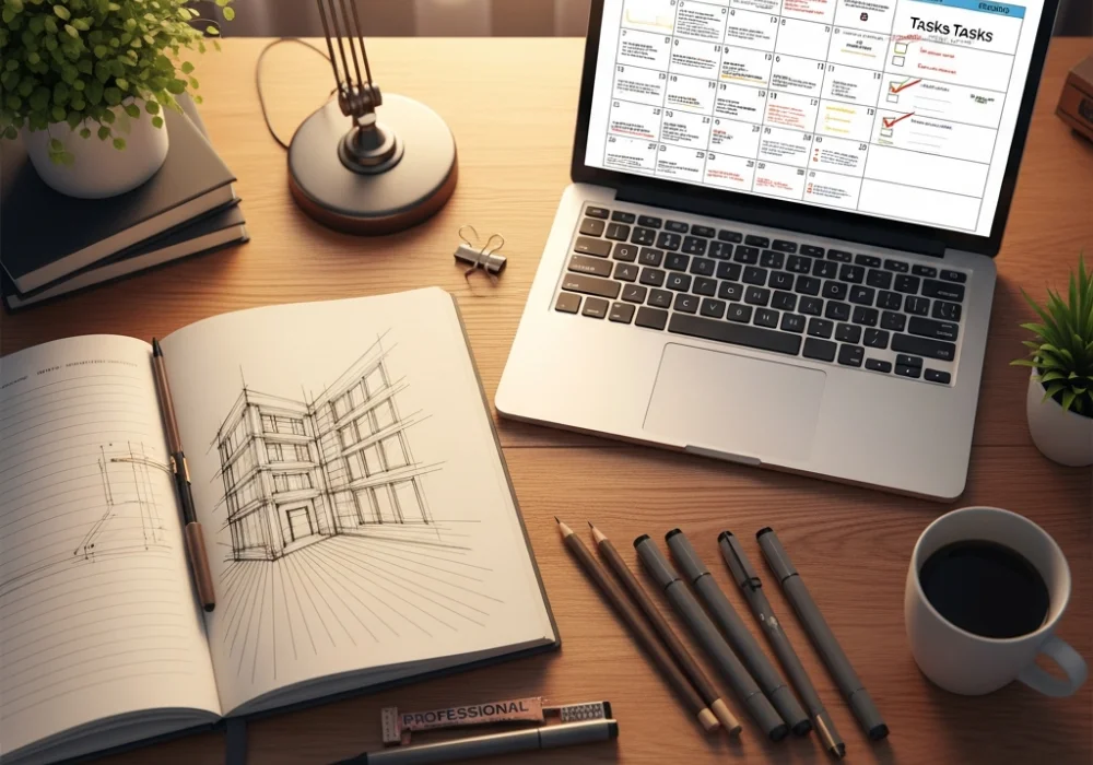 A structured NIFT study desk with a sketchbook, 50-day study plan calendar, and a laptop showing mock tests on myentrance.in.