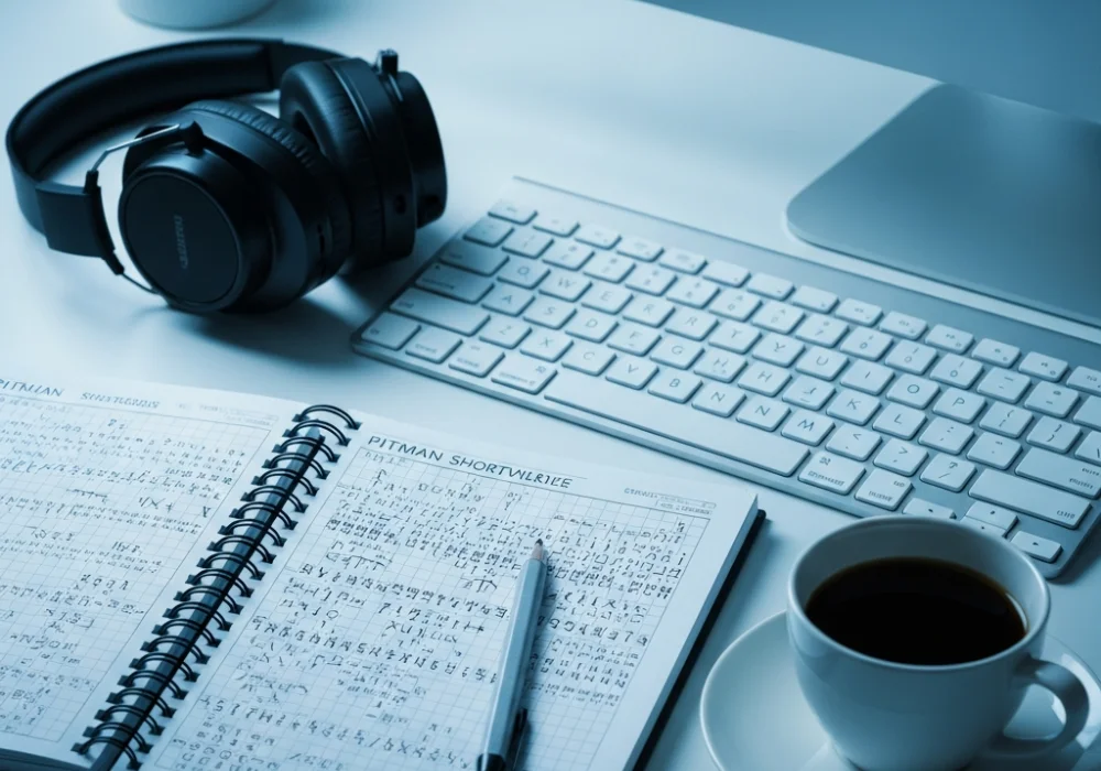 A professional desk setup for SSC Stenographer Skill Test preparation showing a shorthand notebook and a computer keyboard.