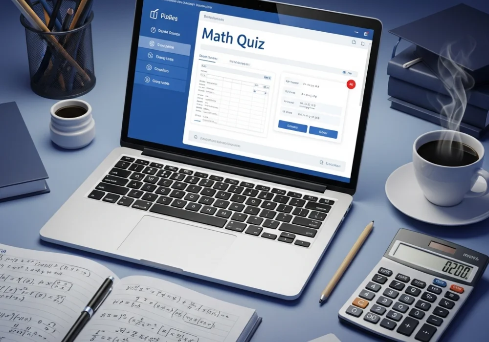 A student preparing for SSC Quantitative Aptitude exam with study materials and mock tests on a laptop.