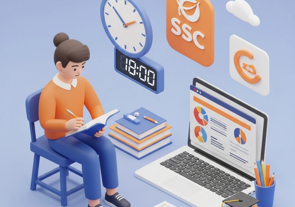 SSC Selection Post Exam Preparation Illustration with Study Material and Exam Symbols