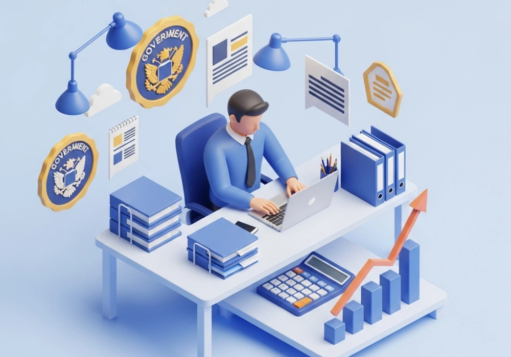 A professional illustration showing the workspace and career growth path of an SSC MTS employee including salary and promotion symbols.