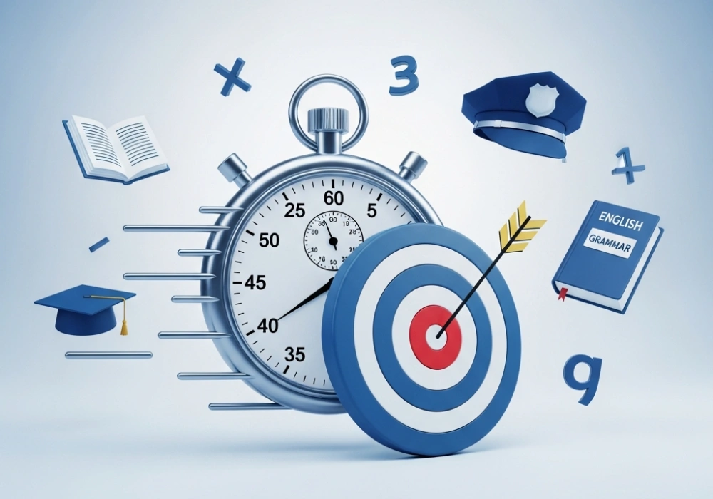 Illustration of a stopwatch and target representing speed and accuracy for competitive exams like SSC CPO.