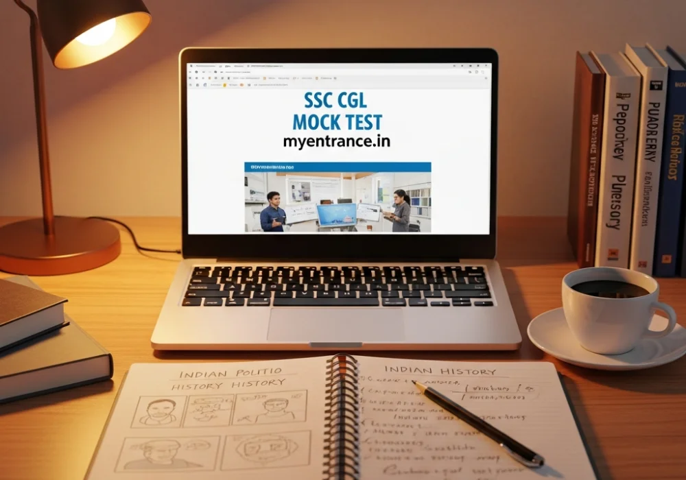 A student's study desk showing SSC CGL General Awareness preparation materials and a mock test on the myentrance.in platform.
