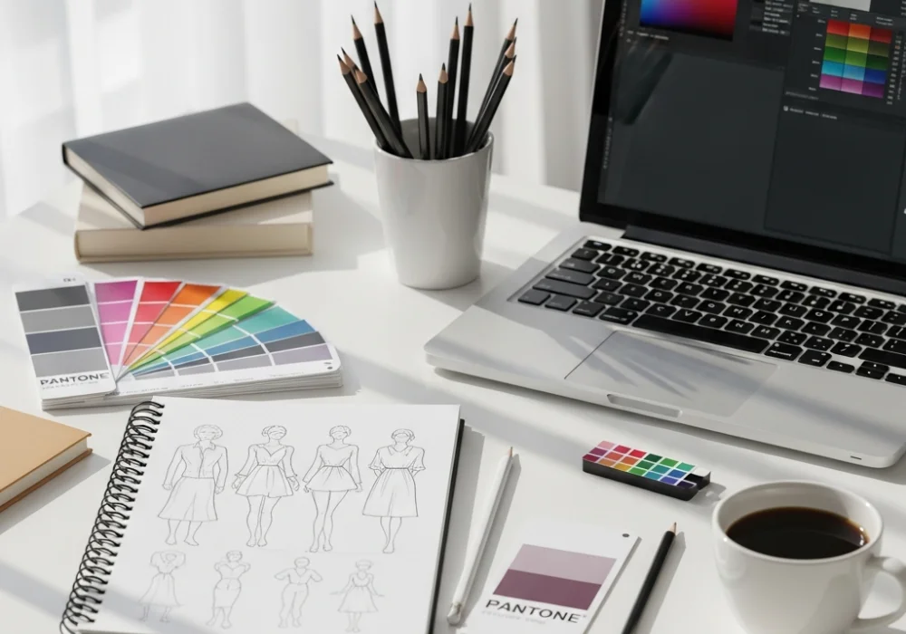 Aesthetic design student workspace with sketching tools and fashion croquis for NIFT entrance preparation.