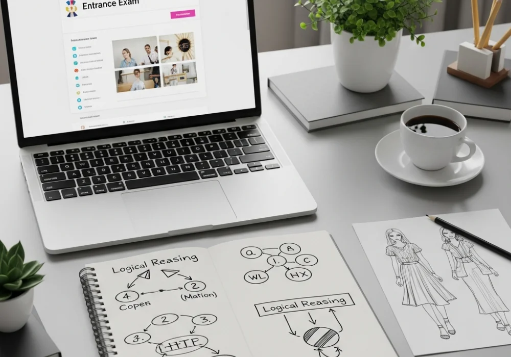Educational workspace with NIFT GAT study materials and logical reasoning diagrams.