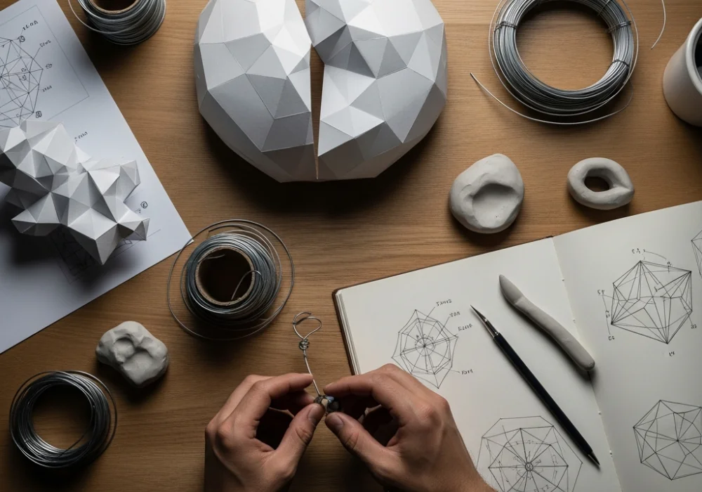 Designer workspace with NID DAT Studio Test materials including paper models, wire, and clay tools.