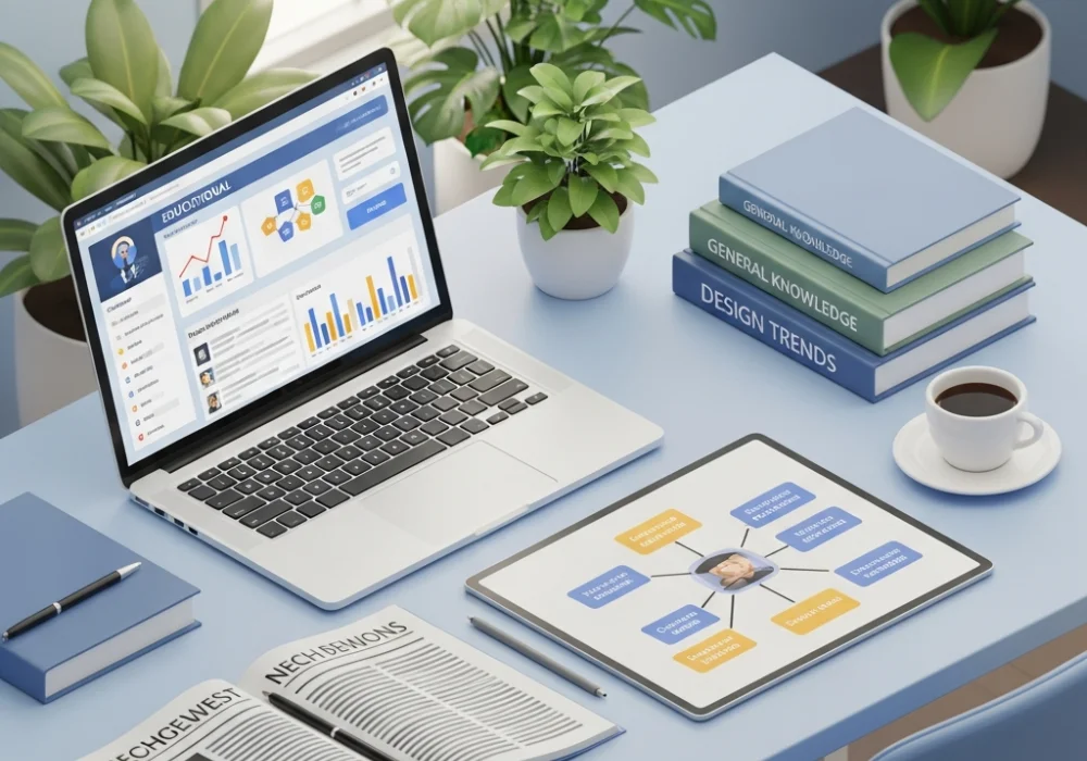 A holistic study workspace with a newspaper, laptop, and mind map illustrating a current affairs study plan for competitive exams like NID, NIFT, and SSC.