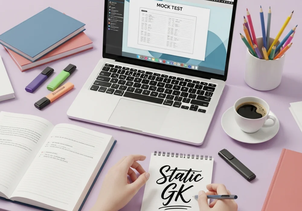 Static GK study material for SSC, PSC and NIFT aspirants showing books and laptop on a desk.