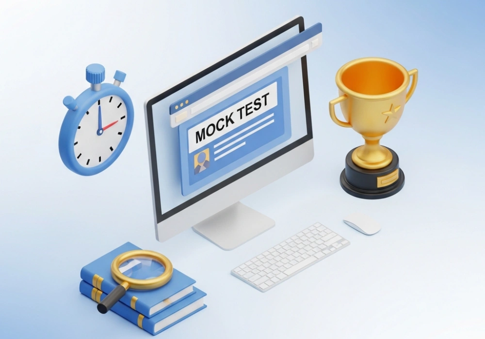 SSC Mock Test preparation workspace with exam tools and success symbols.