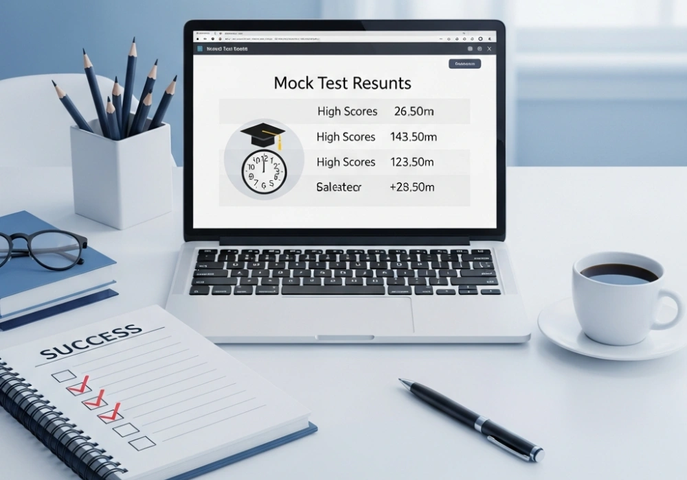 A student's desk with a laptop showing SSC CHSL mock test results, symbolizing effective exam preparation and strategy.