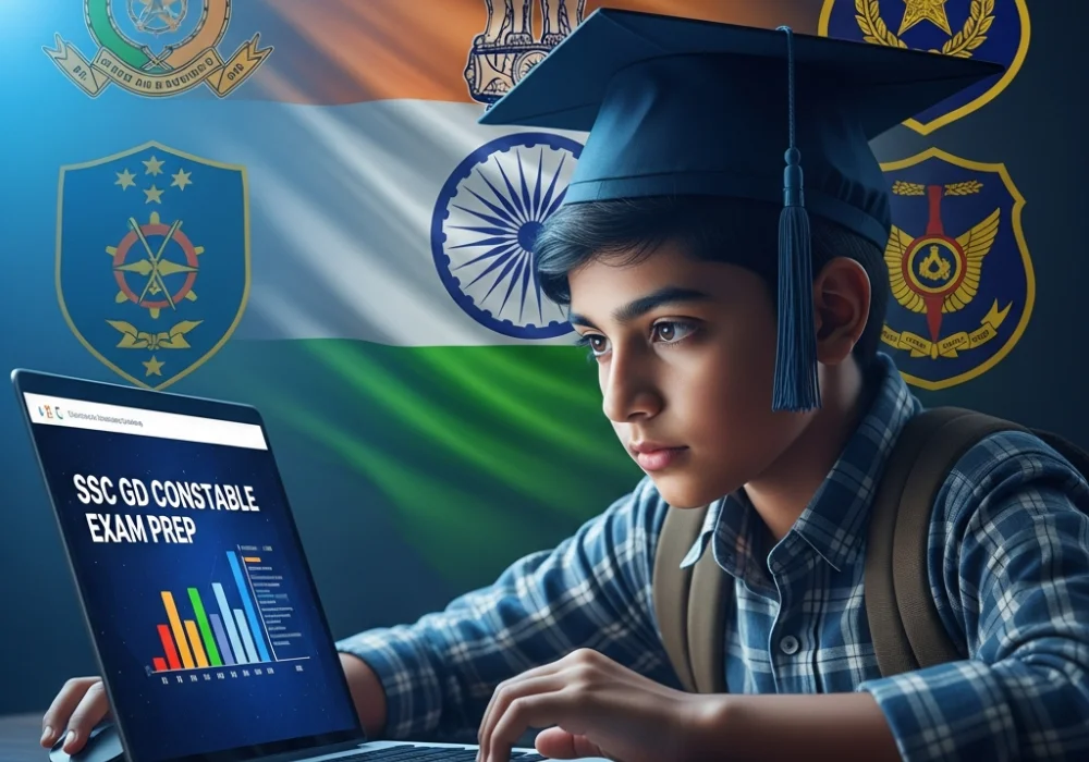 SSC GD Constable Exam Preparation guide with laptop and paramilitary insignias