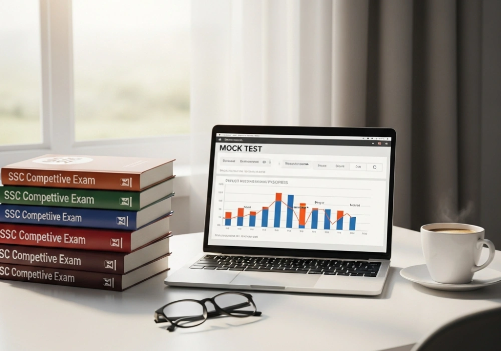 Best SSC MTS study material and books arranged on a study table with a laptop for mock tests.