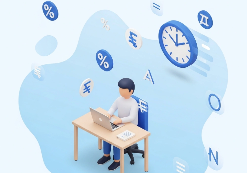 Quantitative aptitude shortcuts for SSC exams illustration showing math symbols and a clock.