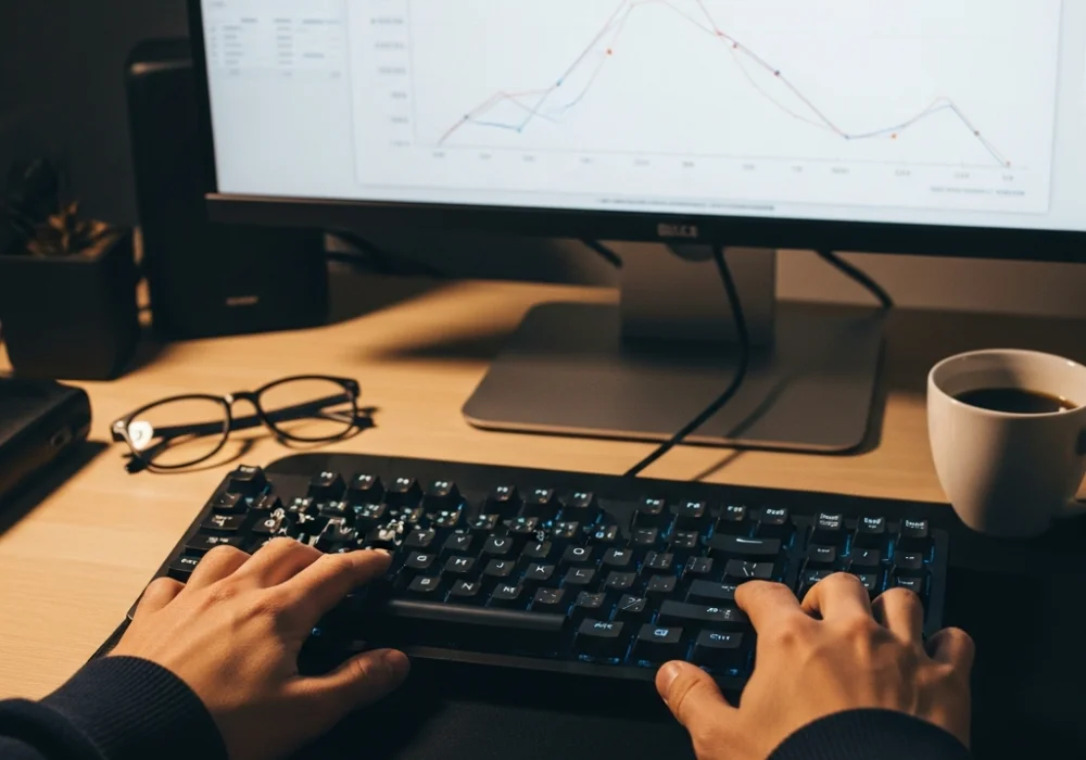 A professional desk setup showing a keyboard and monitor for SSC CHSL typing test preparation.