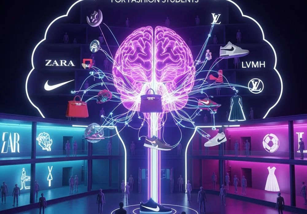 A conceptual digital illustration of a fashion memory palace showing brand success stories for NIFT exam preparation.
