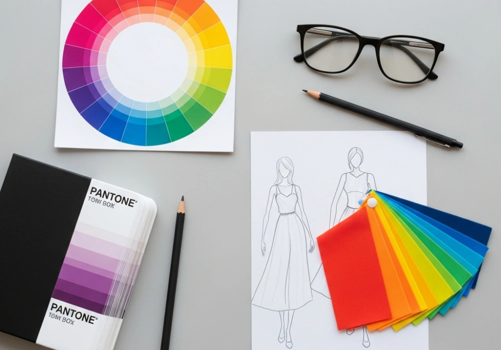 Color psychology and harmony study materials for NIFT entrance preparation including a color wheel and fabric swatches.