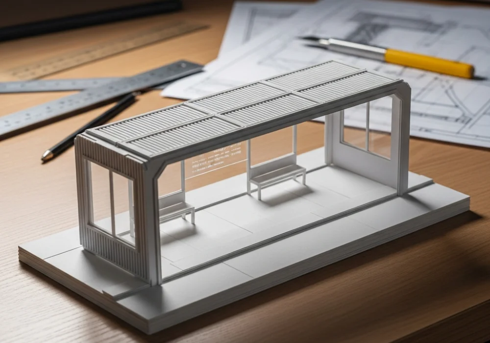 A professional white architectural model of a modular futuristic bus stop on a design table.