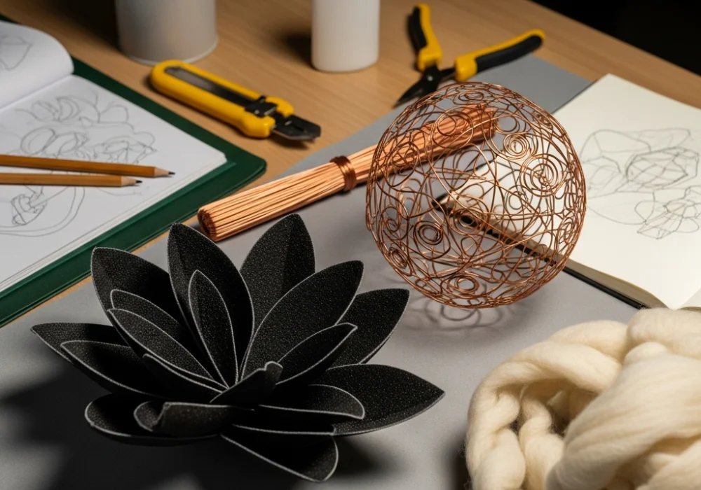 3D design model made of wire, sandpaper, and wool on a designer's desk for NIFT Situation Test preparation.