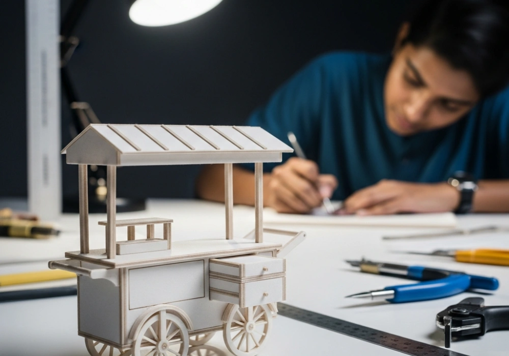 Detailed ivory board model of a portable street food workstation with sliding mechanisms for NIFT Situation Test preparation.