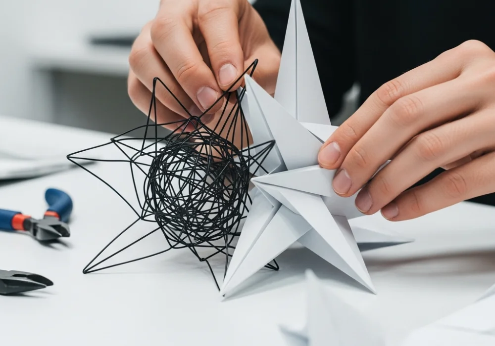 A student creating a 3D design model representing Chaos versus Harmony using wire and paper.