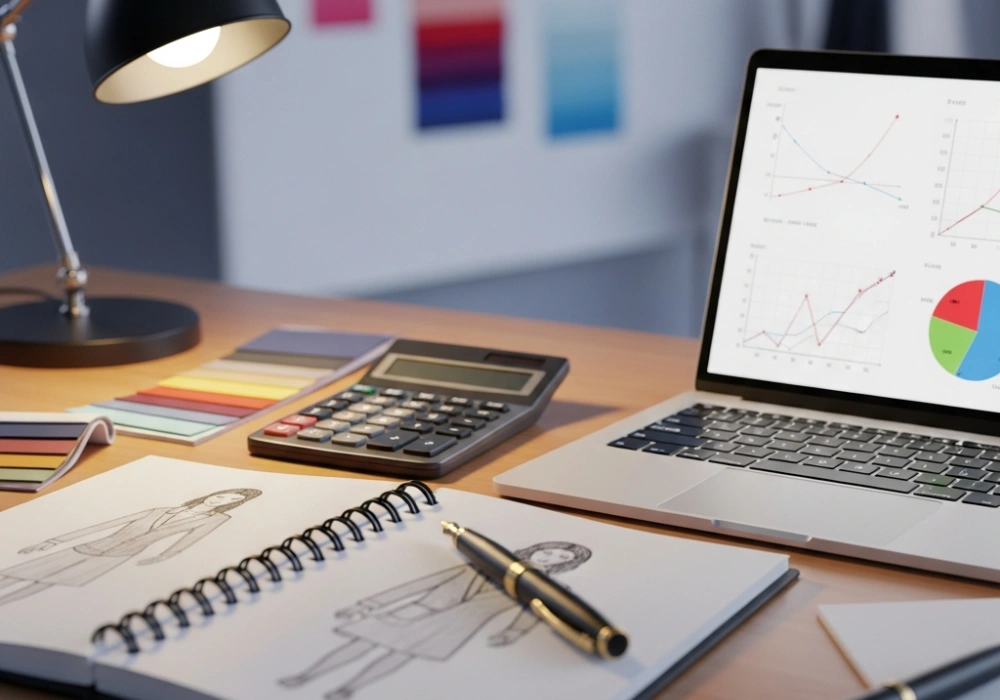 A student's workspace showing fashion design materials and mathematical tools, representing the balance between creativity and quantitative ability in the NIFT entrance exam.