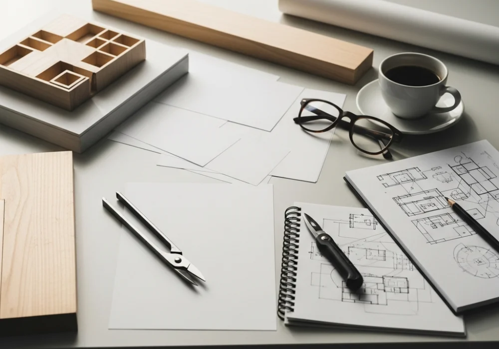 A professional design studio setup with architectural model materials and a sketchbook, representing NIFT Studio Test preparation.