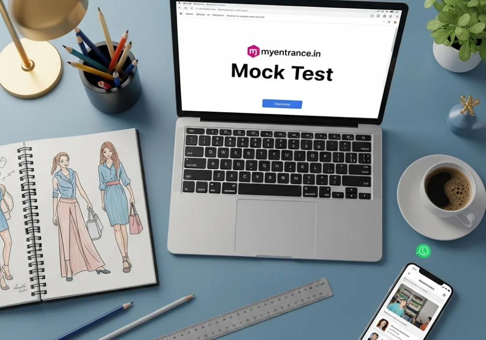 A designer's workspace with a NIFT mock test on screen and fashion sketches, representing NIFT GAT preparation and shortcuts.