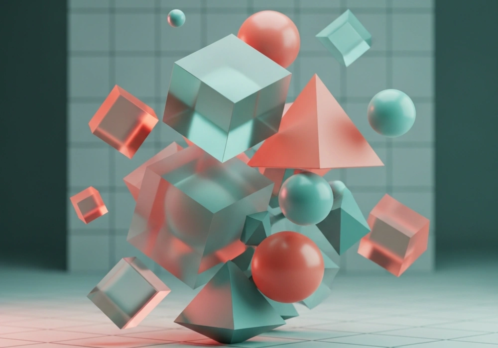 3D geometric shapes and architectural grids representing visual spatial reasoning for NID DAT preparation.