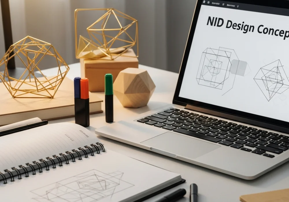 NID DAT Prelims Mock Test and Study Materials on a Designer's Desk