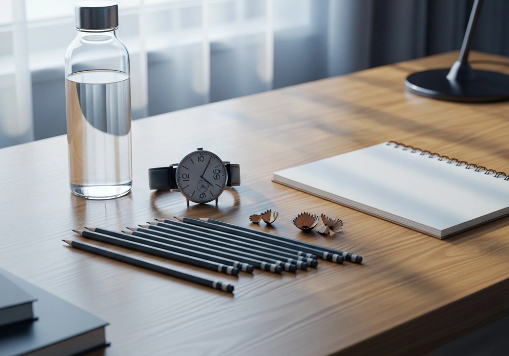 A calm and organized study desk prepared for the NID exam with pencils and a watch.
