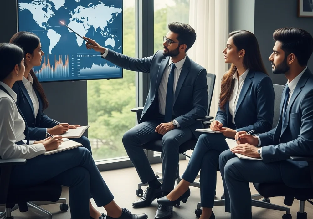 A professional UPSC group discussion simulation on climate change featuring diverse participants in a boardroom.