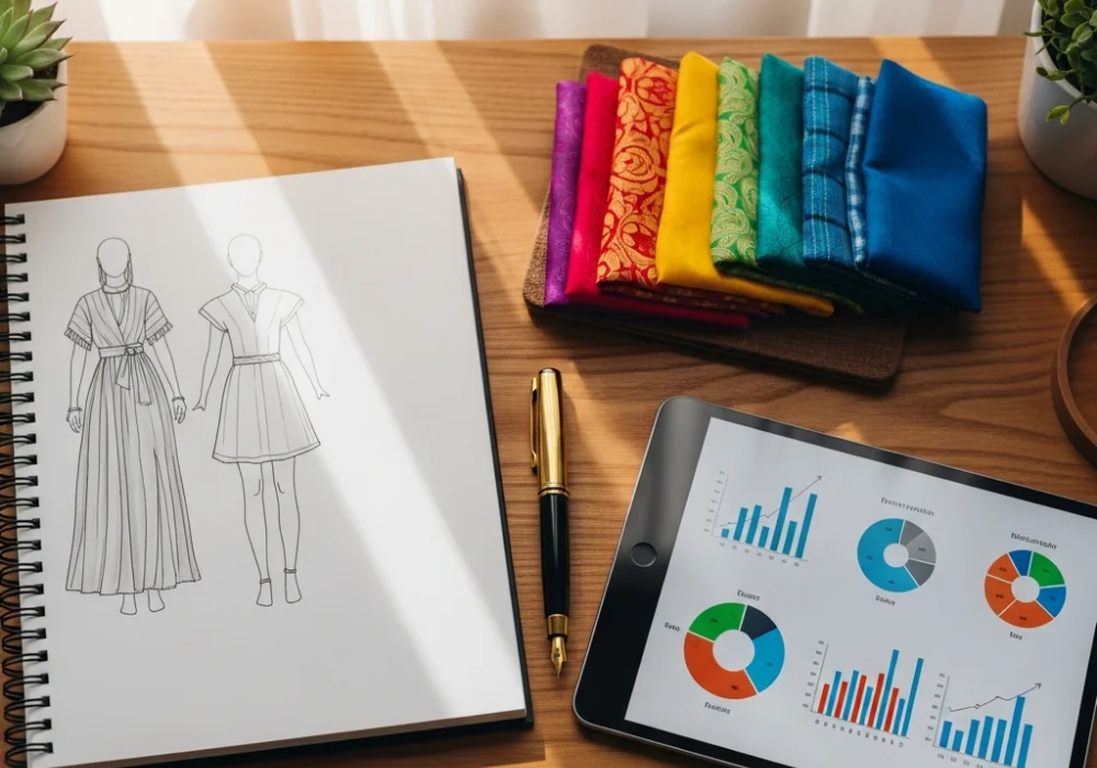 Fashion design study materials including sketches, textiles, and digital learning tools.