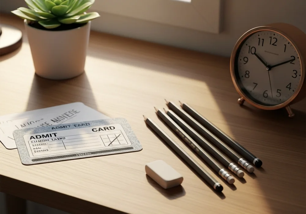 A calm and organized study desk prepared for the NID exam with pencils, admit card, and a clock under soft sunlight.