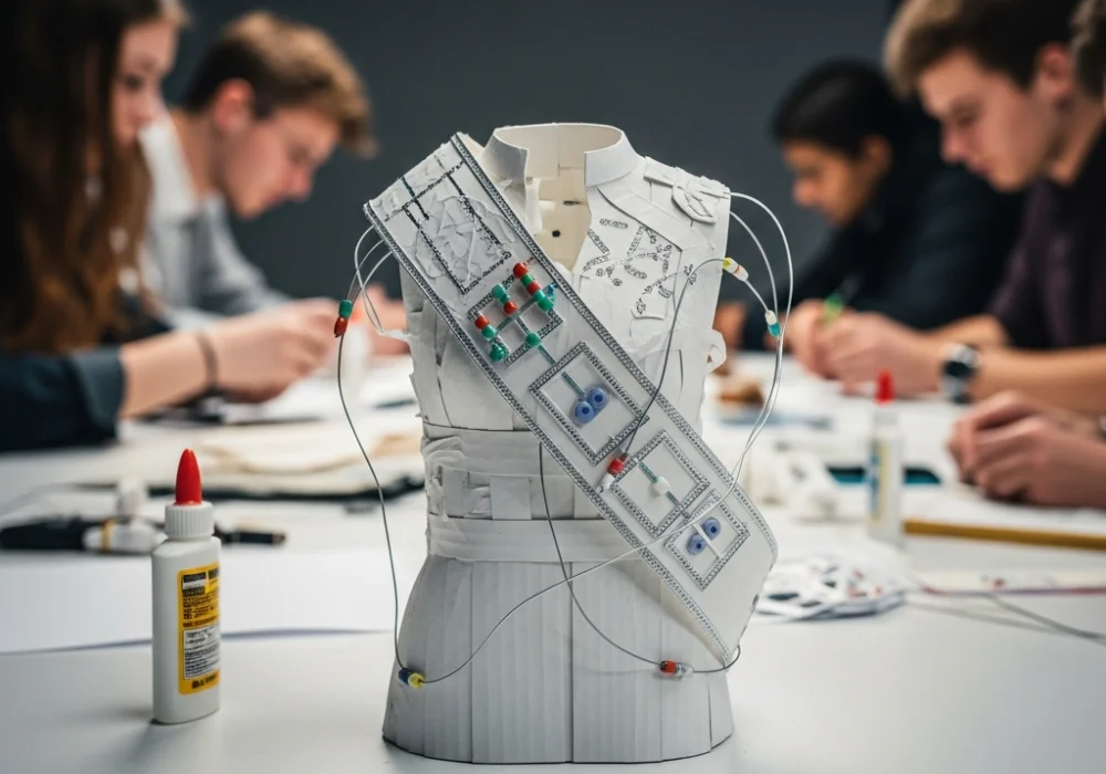 A detailed 3D model of a smart wearable accessory for elderly pedestrians, created for the NIFT Situation Test using paper and wire.