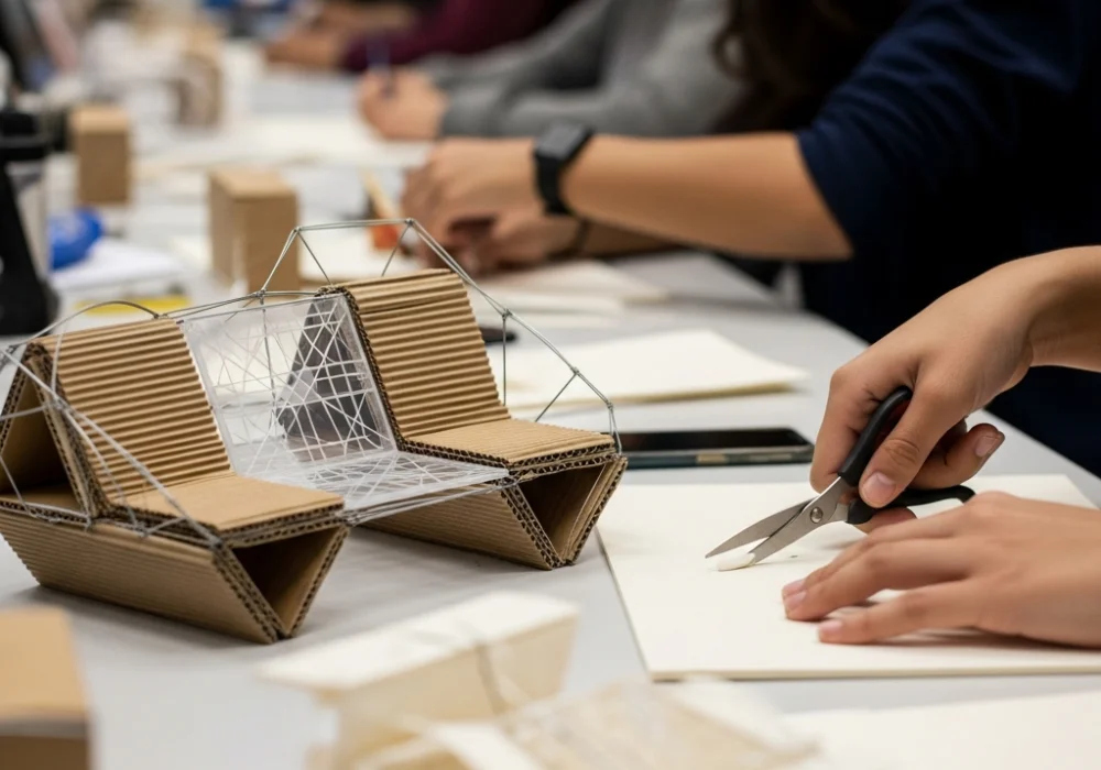 A NIFT aspirant creating a modular seating system model using cardboard and wire for the Situation Test.