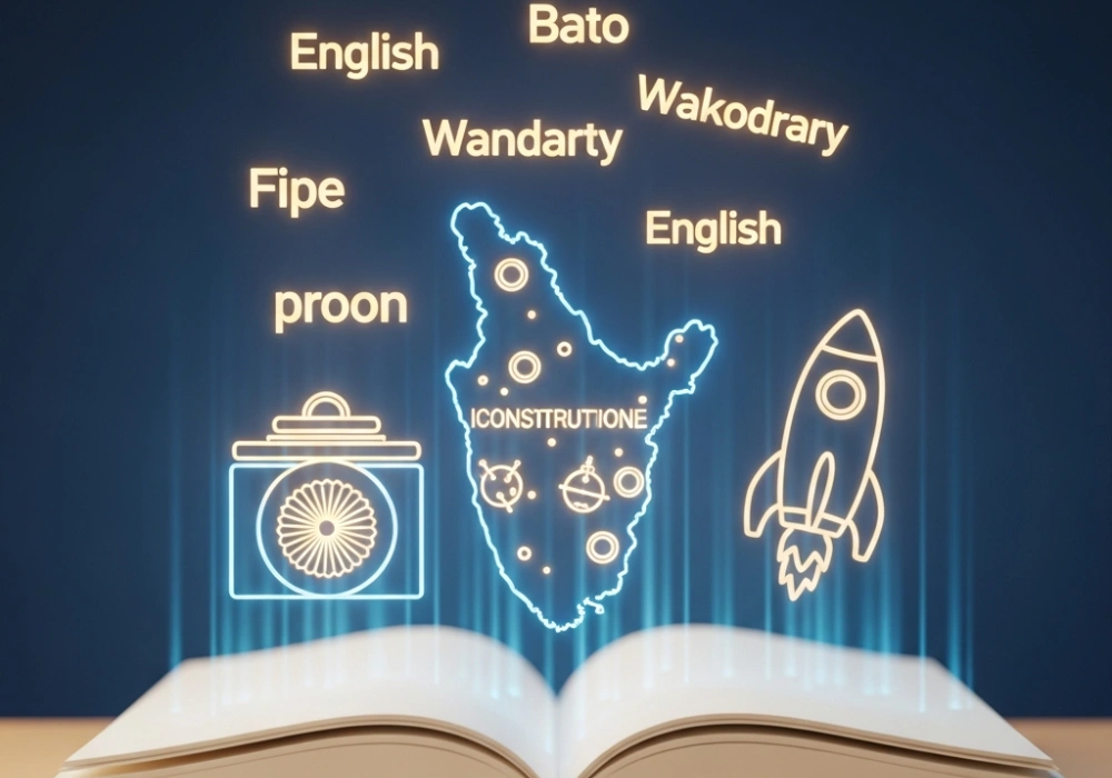 Kerala PSC study materials with holographic icons of history, science, and vocabulary.