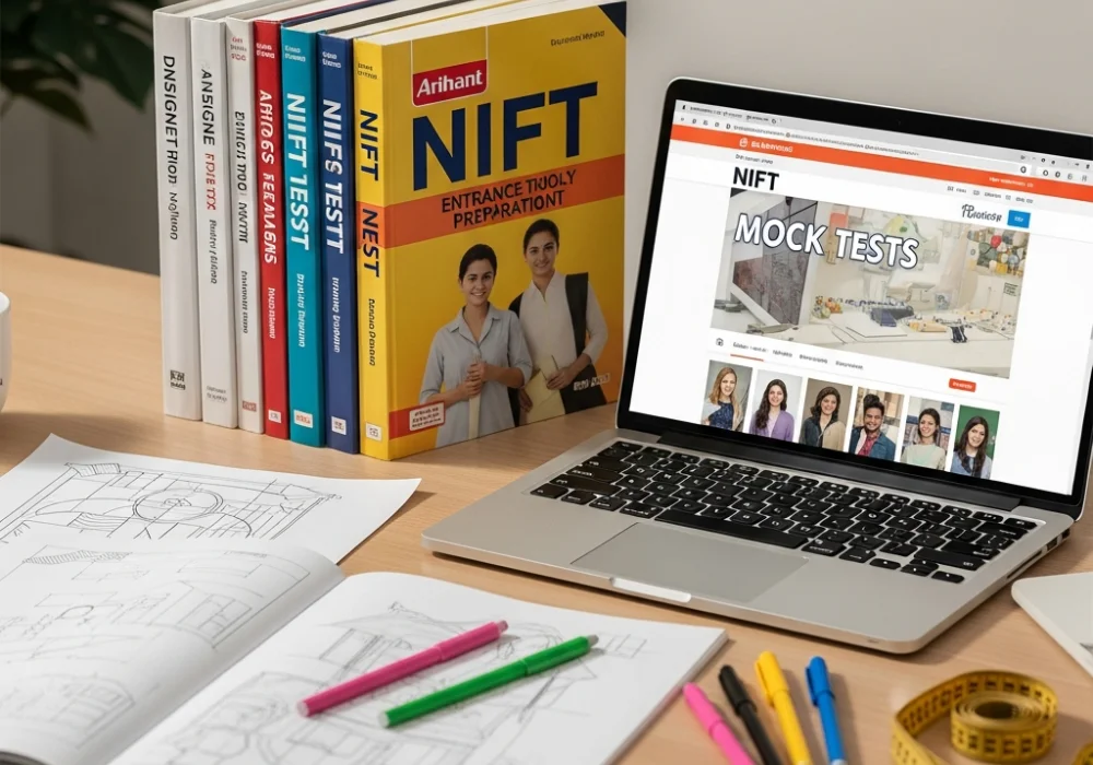 Essential NIFT GAT preparation books and design study materials on a wooden desk.