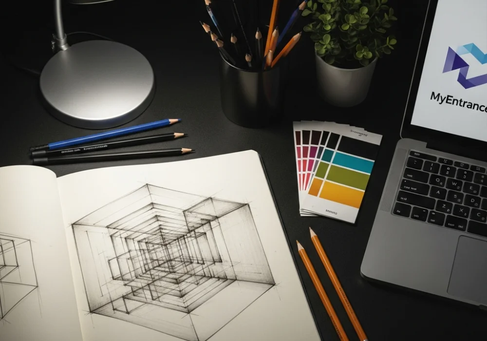A creative design student workspace with sketching tools and 3D perspective drawings for NID DAT preparation.