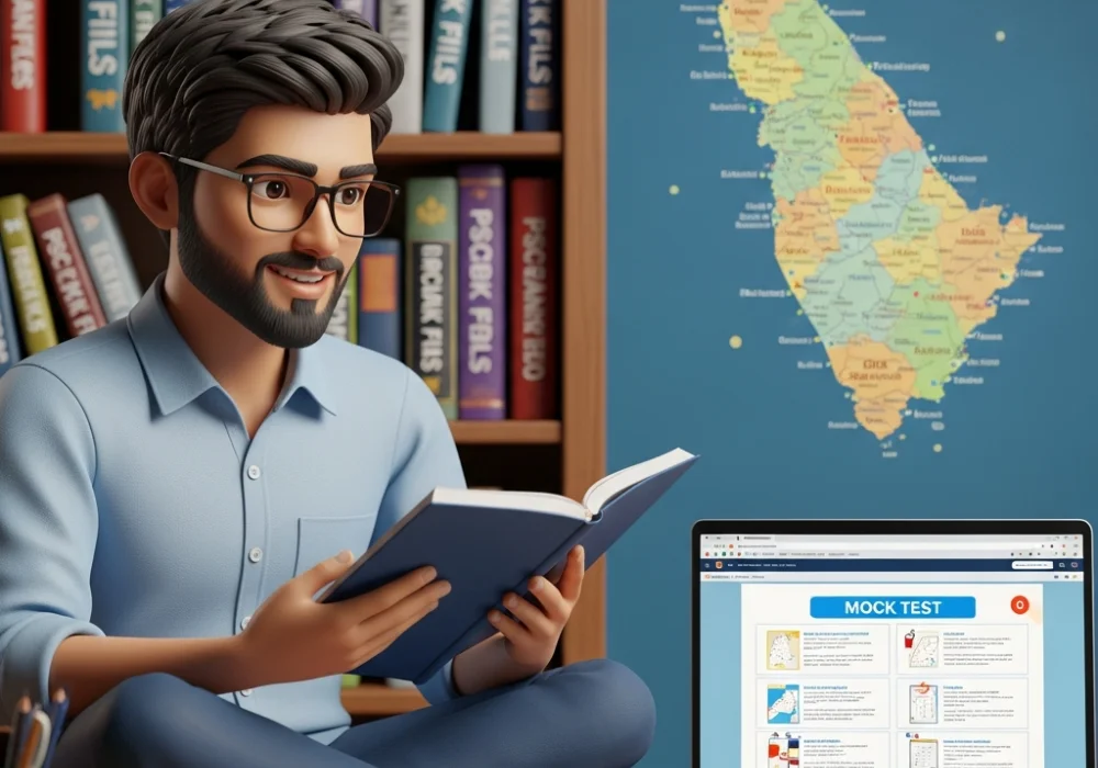 A student preparing for Kerala PSC Degree Level Exam with study materials and a laptop showing mock tests.