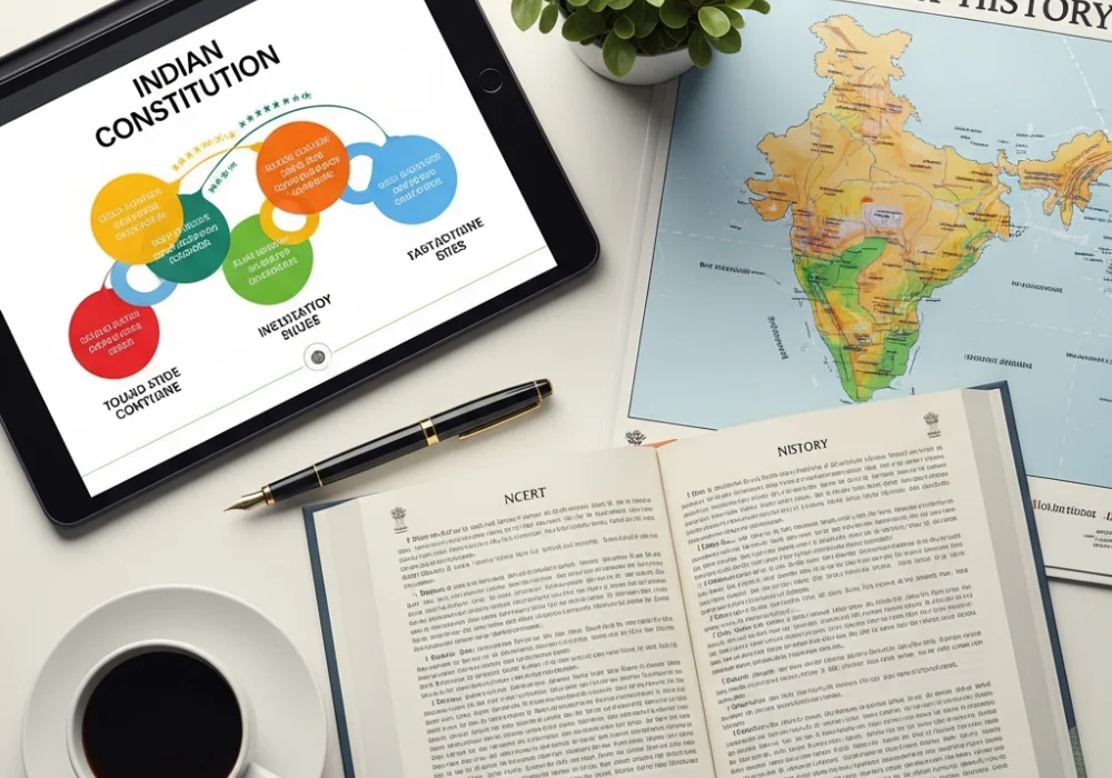 A professional study desk setup with SSC preparation materials, an Indian map, and a digital tablet showing educational infographics.