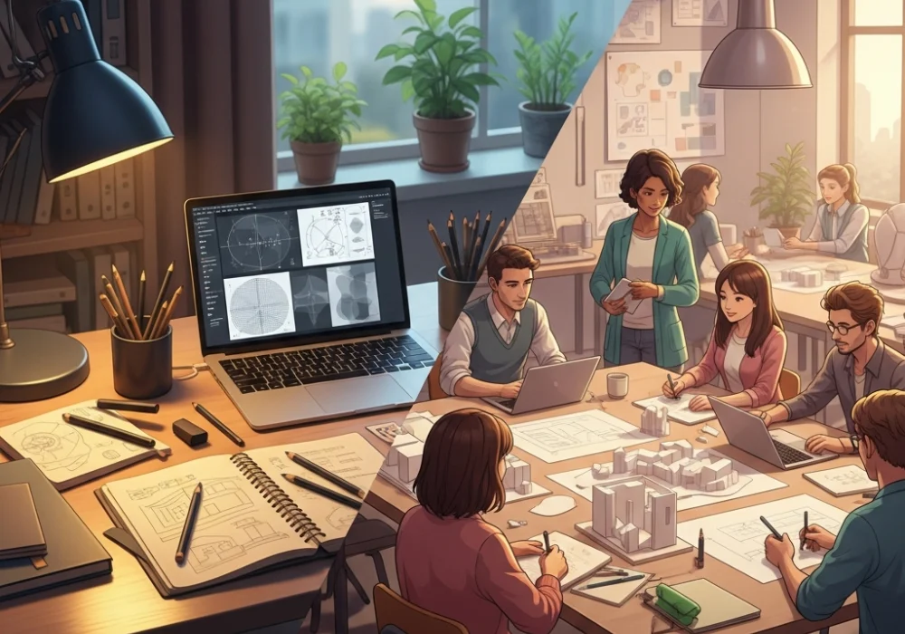A split-screen illustration comparing a peaceful self-study desk with sketchbooks and a collaborative coaching center environment for NID DAT preparation.