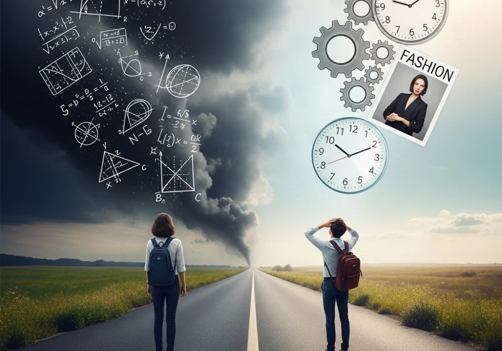 Busting NIFT GAT difficulty myths: A student choosing the path of factual reality over exam rumors.