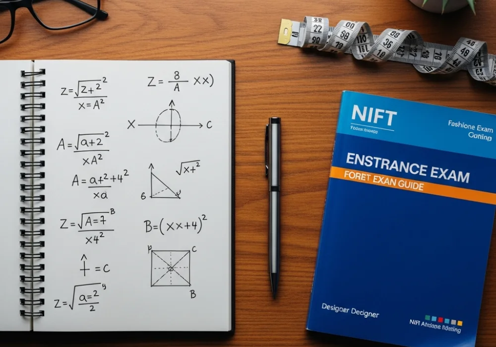NIFT GAT preparation material showing math formulas and fashion design tools