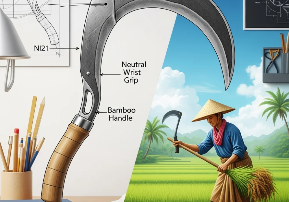 Educational graphic showing ergonomic tool redesign for NID DAT exam preparation.
