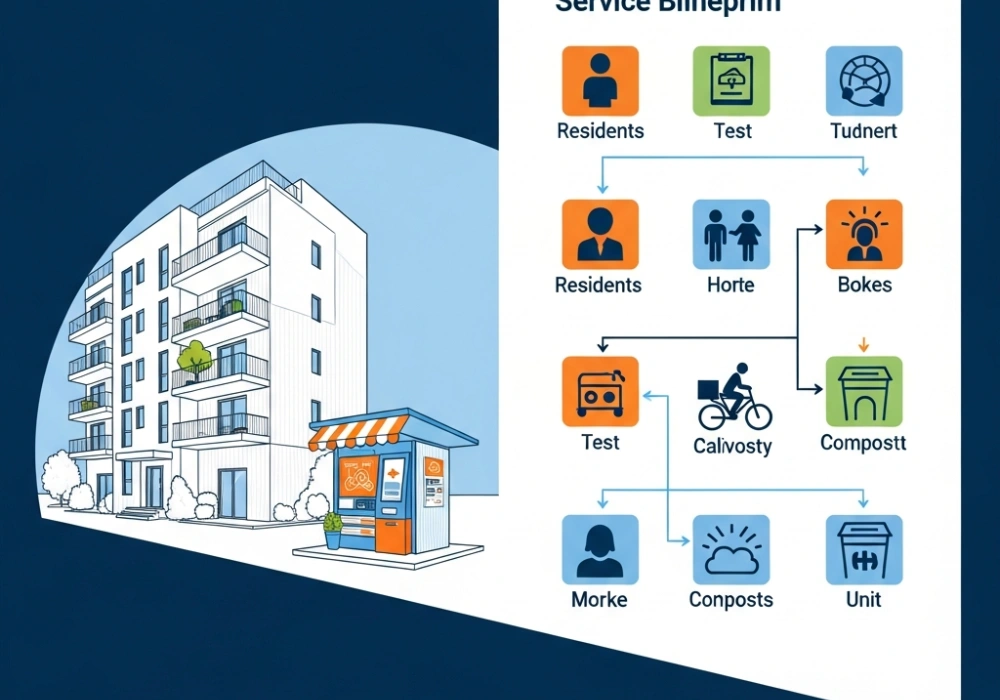Service Design visualization for NID DAT exam preparation showing food wastage solutions in urban apartments.